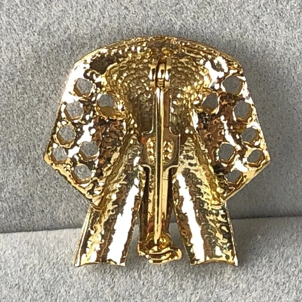 Vintage Elephant Brooch Mid Century Modern Gold Tone Rhinestone Red Eyes Mod Pin